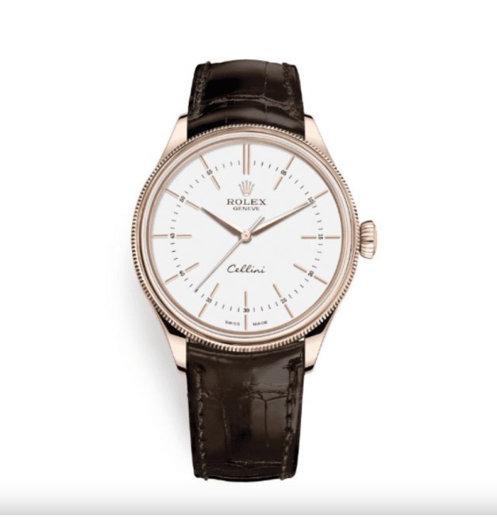 Rolex Cellini Time 39mm Rose Gold White Brown Strap 50505-0020