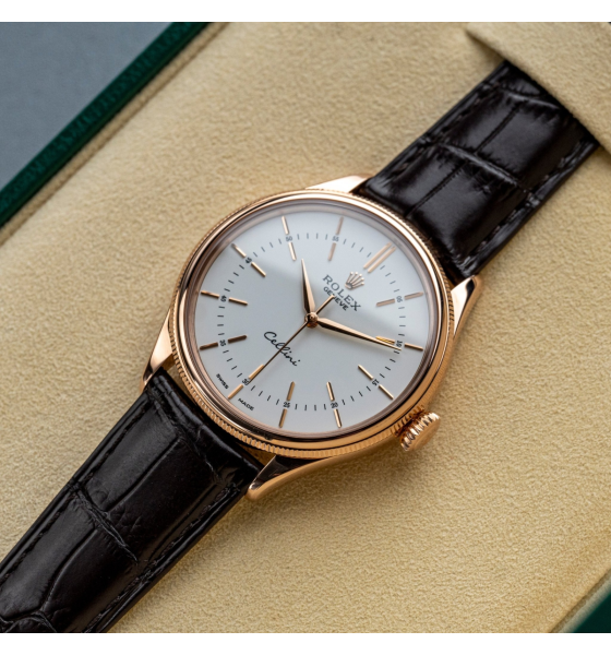 Rolex Cellini Time 39mm Rose Gold White Brown Strap 50505-0020