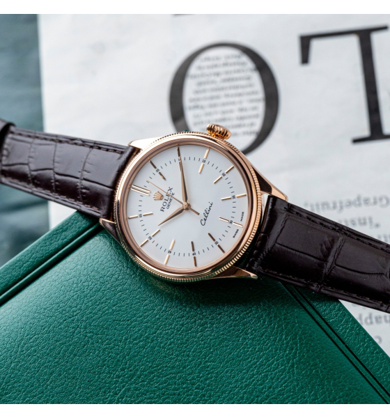 Rolex Cellini Time 39mm Rose Gold White Brown Strap 50505-0020