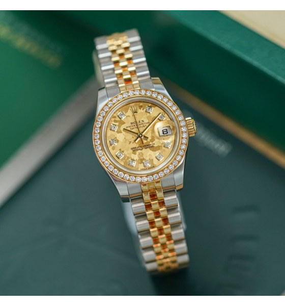Đồng Hồ Rolex Lady-Datejust 26 179383 Mặt Số Họa Tiết Vân Đá Hoa Vàng Nạm Kim Cương