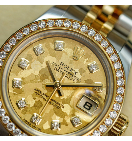 Đồng Hồ Rolex Lady-Datejust 26 179383 Mặt Số Họa Tiết Vân Đá Hoa Vàng Nạm Kim Cương