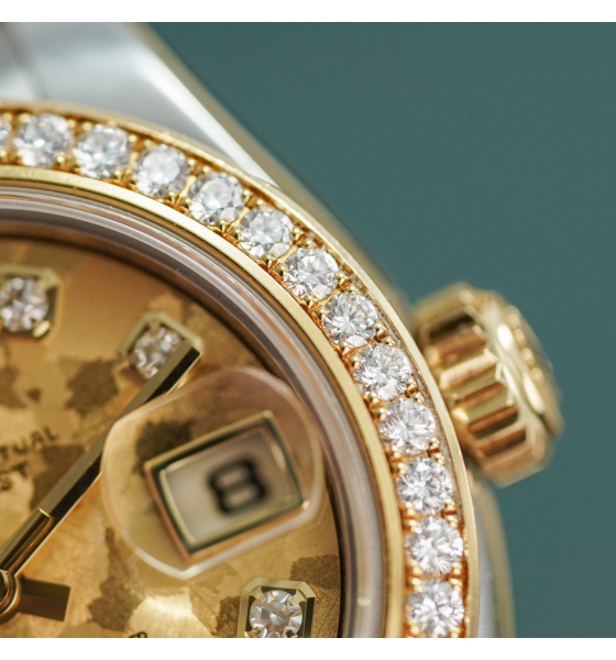Đồng Hồ Rolex Lady-Datejust 26 179383 Mặt Số Họa Tiết Vân Đá Hoa Vàng Nạm Kim Cương